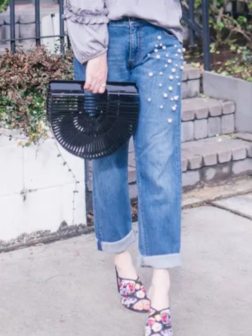 Ann Taylor Blue Pearl-Embellished Boyfriend Jeans